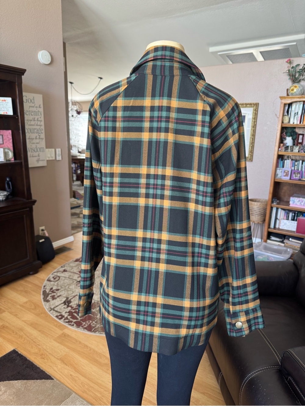 CAbi Plaid Jean Jacket in Green, Yellow, Black & Tan - Picture 2 of 11